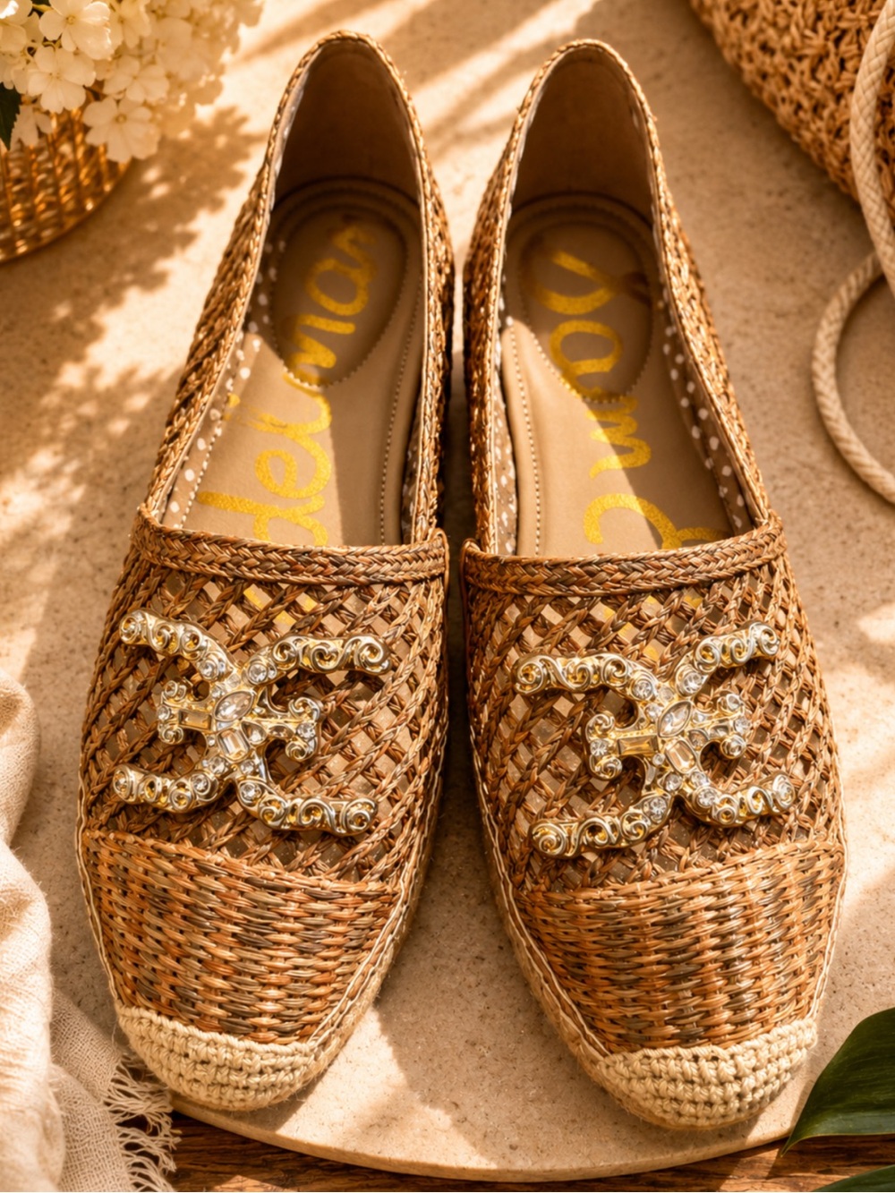 Sam Edelman Khiara Woven Rattan Espadrille Flats with Crystal Logo